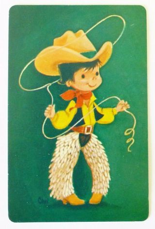 Vintage Swap Card.  Boy Cowboy With Lasso Rope.  Chri Illustration.  C1970s.