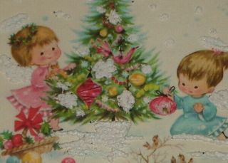 Vintage Christmas Card,  Cute Angel Girls Decorating Tree,  Front 6 "
