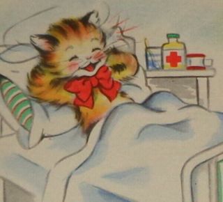 Vintage Greeting Card,  Cute Cat Sitting In Bed,  Hallmark 4 3/4 "
