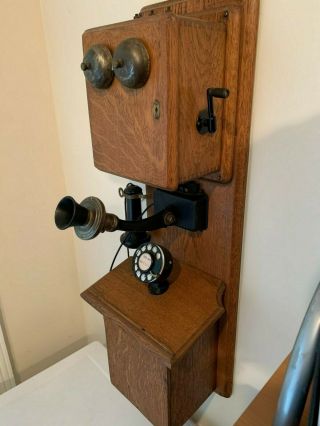 antique wall phone,  early 1900 ' s oak, 2