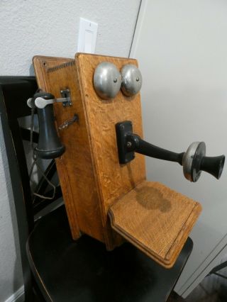 Antique American Tel & Tel Crank Wall Phone Oak With All Insides Intact Freeship
