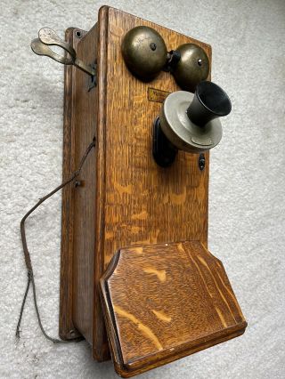 Antique Vintage Wall Mount Western Electric Hand Crank Tiger Oak Wood Telephone