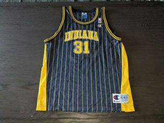 Vtg Champion Youth Xl Reggie Miller Indiana Pacers Blue Pinstriped Jersey