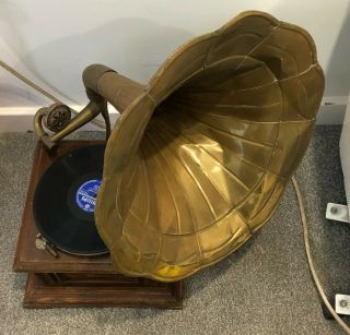 Gramophone With Trumpet Brass His Master Voice In Wood