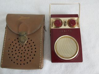Vintage Zenith " Royal 500 " Owl Eyes Maroon Portable Radio With Leather Case