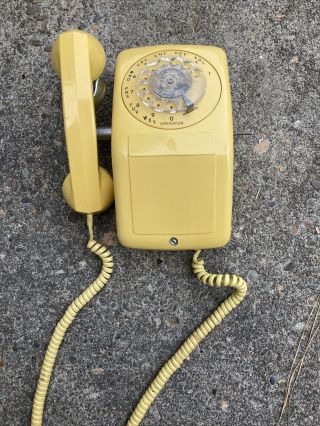Yellow Vintage Rotary Wall Phone Rare Left Hook Saddle W/ Base