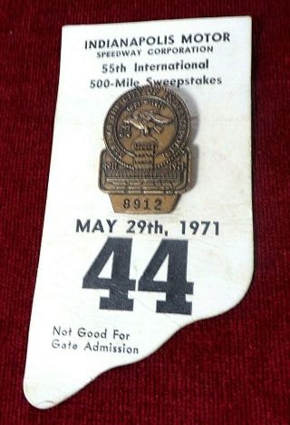 Indianapolis 500 Motor Speedway Bronze Badge & Pit Pass 1971