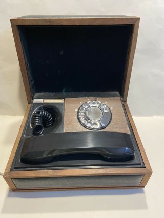 Deco - Tel Rotary Desk Phone In Executive Wood Leather Box Black Vintage 70’s Euc