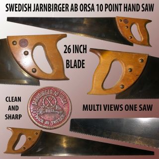 Vintage Swedish 10 Point Hand Saw By Jarnbirger Orsa W/ 26 " Blade & Sharp