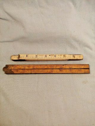 Set Of 2 Vintage Stanley No.  66 3/4 - No 103 Wood & Brass Bound Folding Rulers