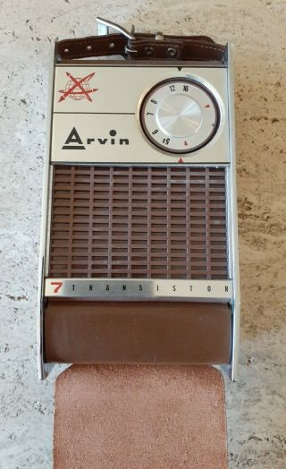 Vintage Arvin 7 Transistor Radio Brown Leather Attached Case 61r48