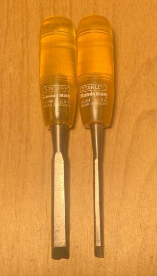 2 Vintage Stanley Handyman Wood Chisels - Yellow Handles - Nos 16 - 204 And 16 - 208