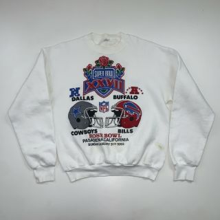 Vintage 90s Bowl 27 Crewneck Sweatshirt Size Medium White Cowboys Bills