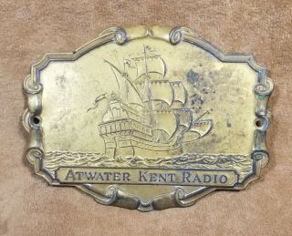 Vintage 1920’s Brass Nameplate “atwater Kent Radio” Plaque Schooner Ship