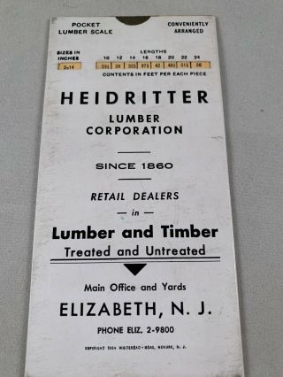Heidritter Lumber Corporation 1954 Pocket Lumber Scale Elizabeth Jersey Nj