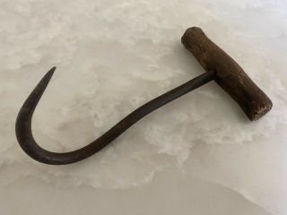 Vintage Hay Hook Cast Iron Hand Forged Wood Handle Farm Tool Usa 8 - 9 Inch