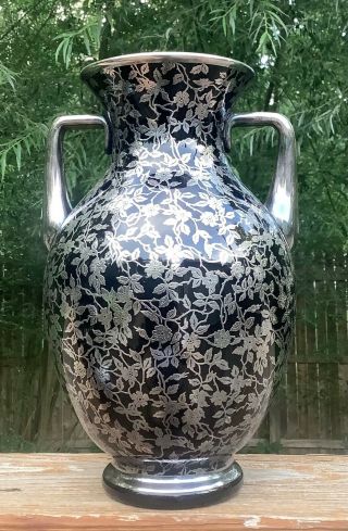 10 1/4” Rockwell Sterling Silver Overlay Art Glass Vase