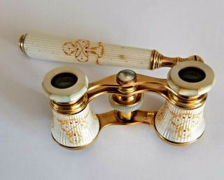 Antique Enamel Guilloche Opera Glasses With Handle Hand Paint With Gold Paint