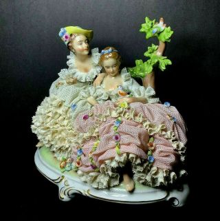 Vintage Dresden Art Porcelain Lace Victorian Figurine - 2 Girls With Birds