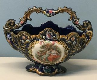 Antique Ornate Cobalt Blue Gold Transfer Cupid Women Porcelain Handle Basket