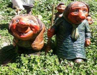 Large Vintage Otto Sveen Hand Carved Wood Trolls Norway