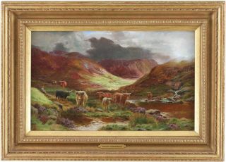 Cattle In A Mountain Landscape Antique Oil Painting Edgar Longstaffe (1852–1933)