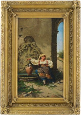 Woman Fetching Water Antique Oil Painting 19th Century Italian School
