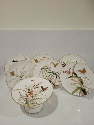 Bodley 6 Plates 1 Tazza Handpainted Floral Butterfly Gilt