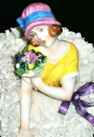 Antique German Dresden Lace Art Deco Lady Flapper Dancer Porcelain Figurine