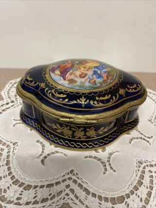 Antique/vtg 6.  25” Victorian Cobalt Blue & Gold Porcelain Jewelry Dresser Box