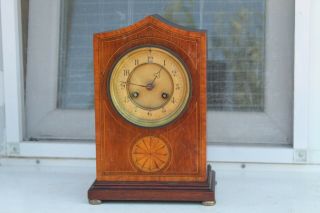 Vintage Old German Made Desk Alarm Clock With Gong Wooden Corpus Marquetry