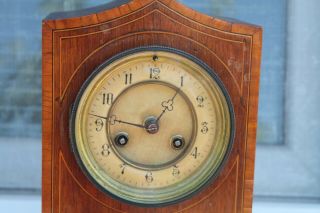 Vintage Old German Made Desk Alarm Clock With Gong Wooden Corpus Marquetry 2