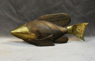 Mid - Century Modern Signed Frederick Cooper Carved Wood And Brass Fish Sculpture
