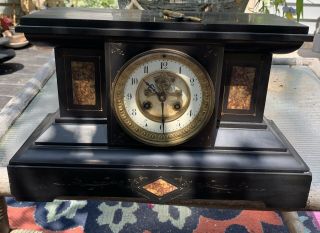 Antique French Medaille De Bronze All Marble Mantel Clock W Key