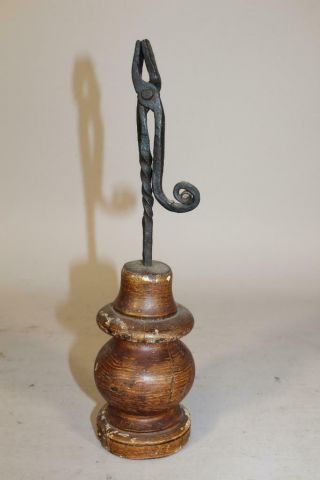 A Rare Early 18th C American Wrought Iron & Wood Rushlight In Old Brown Paint
