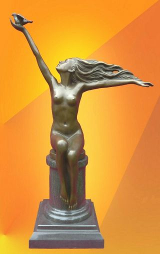 Art Deco Carrier Pigeon Signed Bronze Statue Figure Nude Sculpture Hot Cast