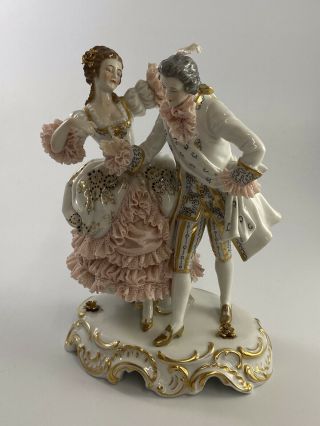 Antique/vintage Dresden Porcelain Lace Figurine - Woman & Man Dancing 7”
