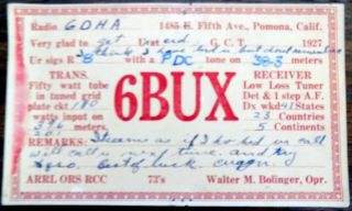 1927 6bux Qsl Card Pomona California To 6dha