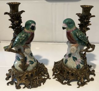 Porcelain And Bronze Parrot Candlesticks
