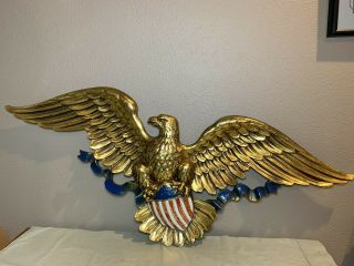 Vintage Large Syroco 45 " Gold American Bald Eagle / Usa Flag Shield Made In Usa