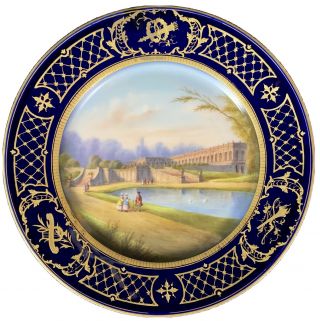 Antique Sevres Style Plate Signed Guillou Handpainted Versailles Cobalt Blue