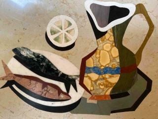 G.  Ugolini Italy Stone Mosaics Still Life With Fish Pietra Dura Plaque