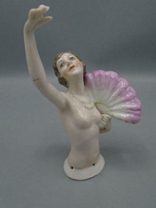 Antique Porcelain China Half Doll Figurine Pin Cushion Art Deco Feather Fan