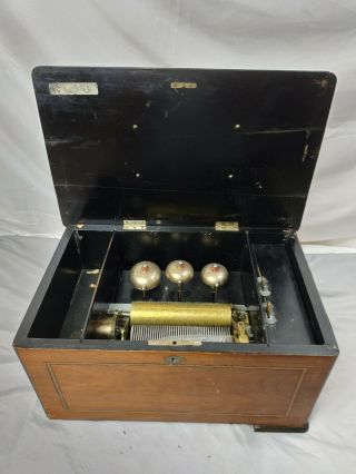 Vintage Music Box W/ 6 " Cylinder And 3 Bells - (parts Repair)
