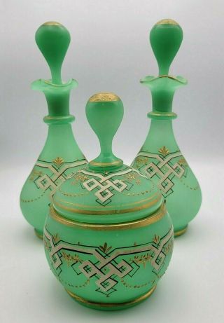 Antique French Green Opaline Hand Painted Perfume Bottles & Covered Jar = Glows