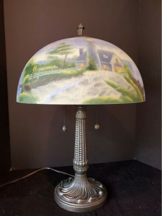 Thomas Kinkade " A Light In The Storm " Reverse Painted Table Lamp W/coa