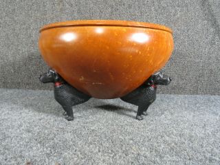 Contemporary Signed Huneck Birdseye Wood Bowl With Carved Dog Feet