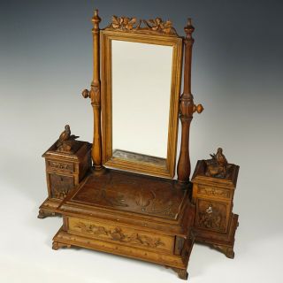 Antique Black Forest Carved Wood Vanity Mirror Dressing Table Top Jewelry Box