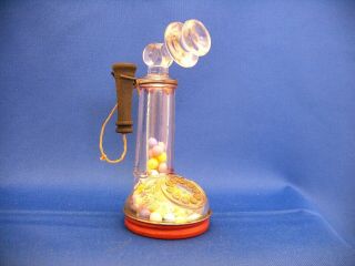 Vintage Clear Glass & Tin Toy Telephone Dial Phone Candy Container Circa 1942