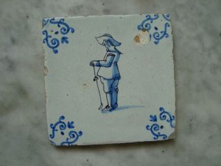 17th Century Delft Handpainted Dutch Delftware Tile Golfplayer,  Sport Golf